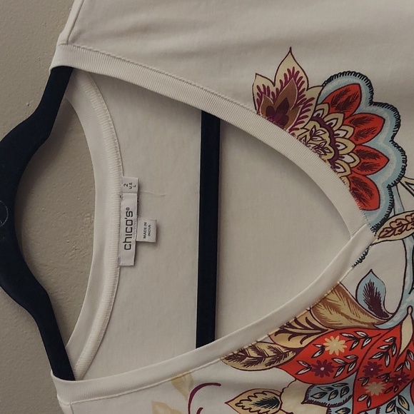 CHICOS Floral Everyday V Neck 3/4 Sleeve Pima Cotton White Tee sz L - Picture 5 of 12